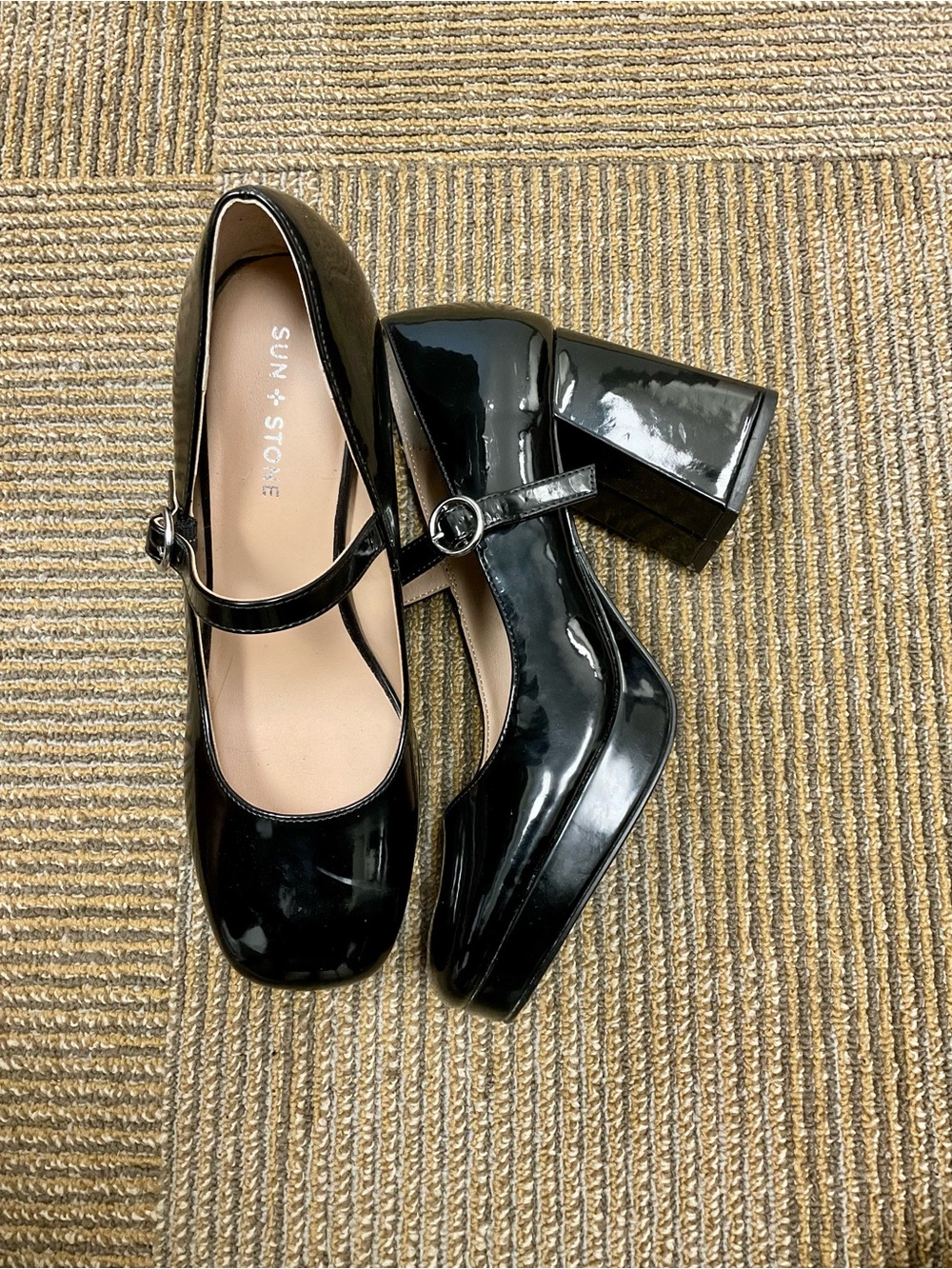 Sun + Stone Black Patent Mary Jane Block Heels with Ankle Strap